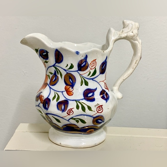 19th Century Antique Gaudy Welsh Vine  Pattern Lustreware Jug Handled Pitcher - Picture 3 of 16